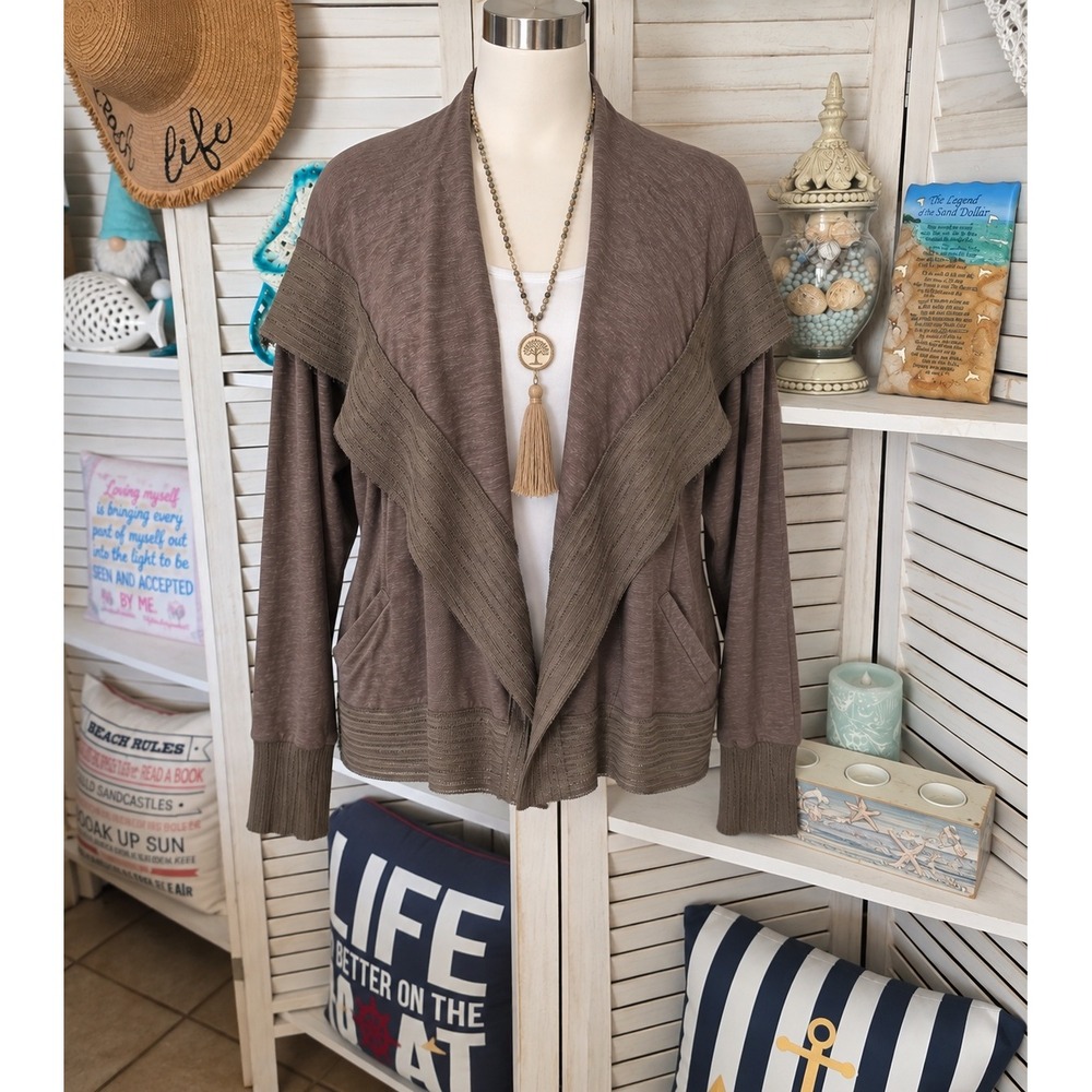 Anthropologie Tiny Brown Draped Open Front Cardigan XS Ruffle Mesh Trim Boho